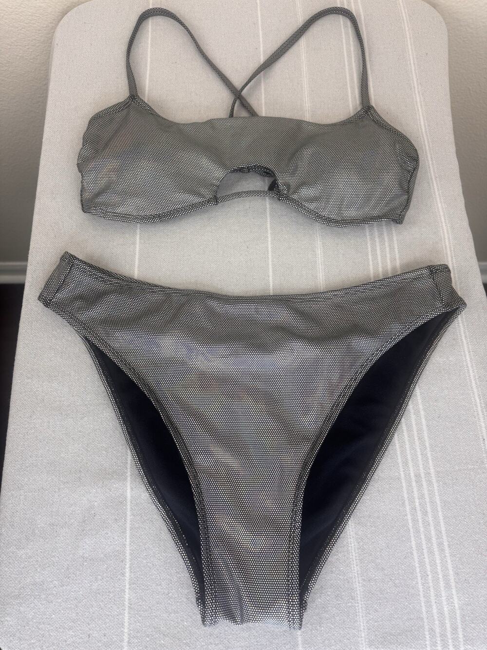 No Boundaries 2 Piece Bikini Swimsuit Holographic Metallic Micro Dot Silver M